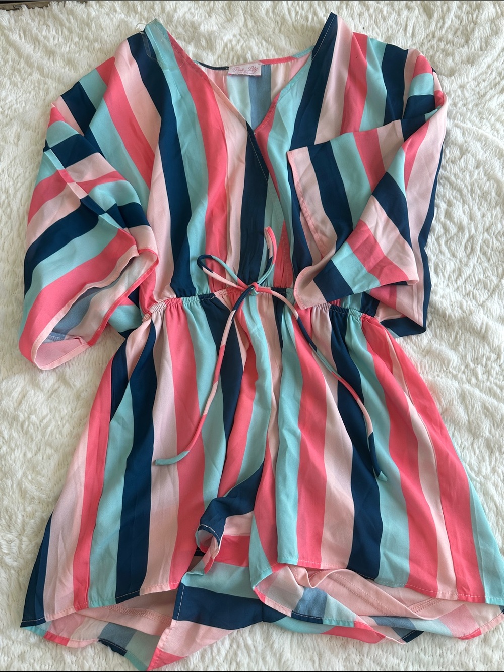 Pink Lily Pink Teal Navy Striped Drawstring Romper